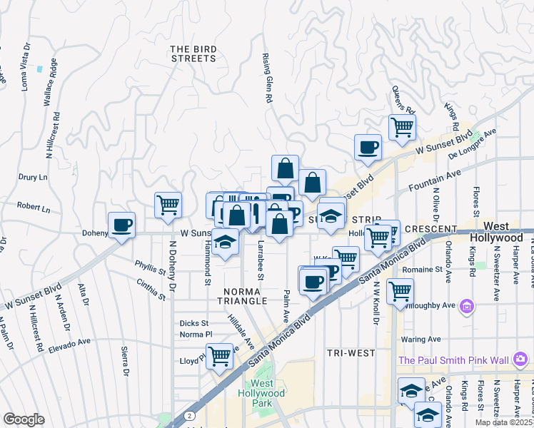 map of restaurants, bars, coffee shops, grocery stores, and more near Larrabee Street in West Hollywood