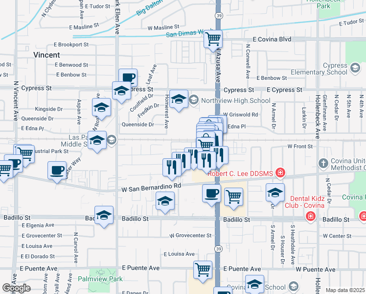 map of restaurants, bars, coffee shops, grocery stores, and more near 688 North Rimsdale Avenue in Covina