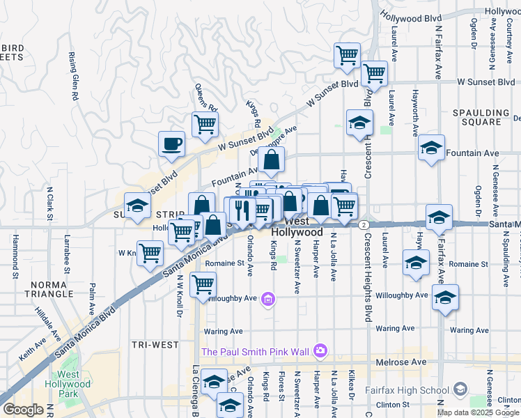 map of restaurants, bars, coffee shops, grocery stores, and more near 1124 Kings Road in West Hollywood