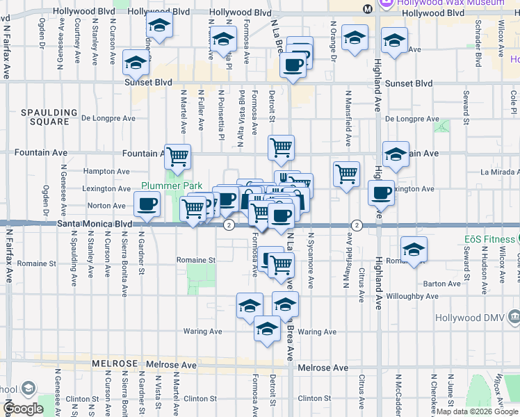 map of restaurants, bars, coffee shops, grocery stores, and more near 1126 North Formosa Avenue in West Hollywood