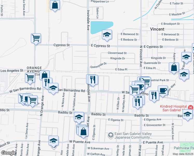 map of restaurants, bars, coffee shops, grocery stores, and more near 4315 North Shadydale Avenue in Covina