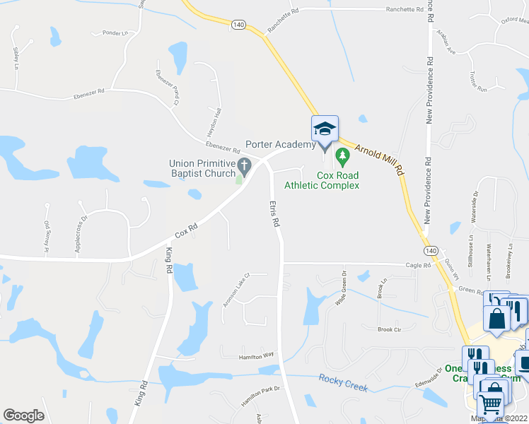 map of restaurants, bars, coffee shops, grocery stores, and more near 12725 Etris Road in Roswell