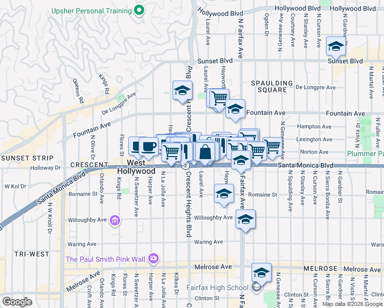 map of restaurants, bars, coffee shops, grocery stores, and more near 8011 Norton Avenue in West Hollywood