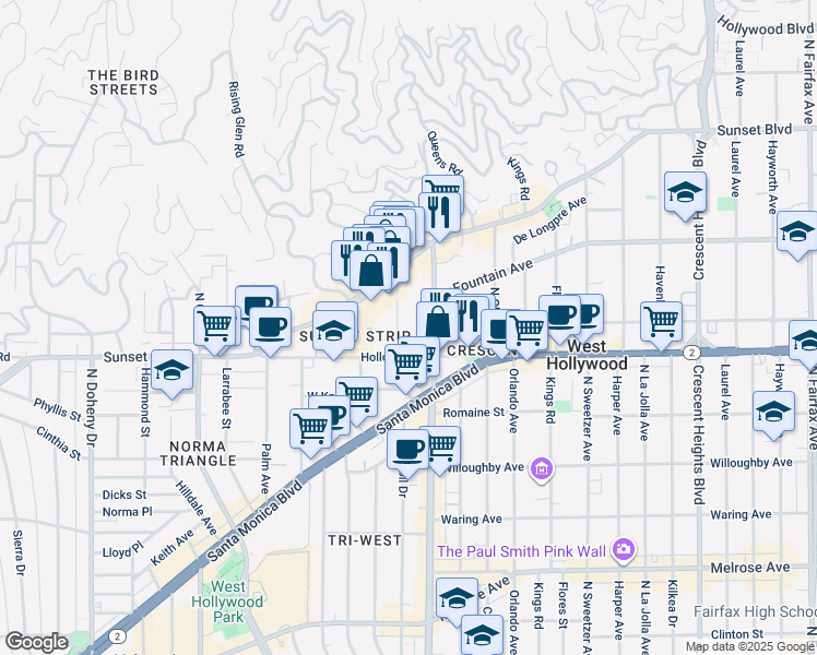 map of restaurants, bars, coffee shops, grocery stores, and more near 1134 Alta Loma Road in West Hollywood