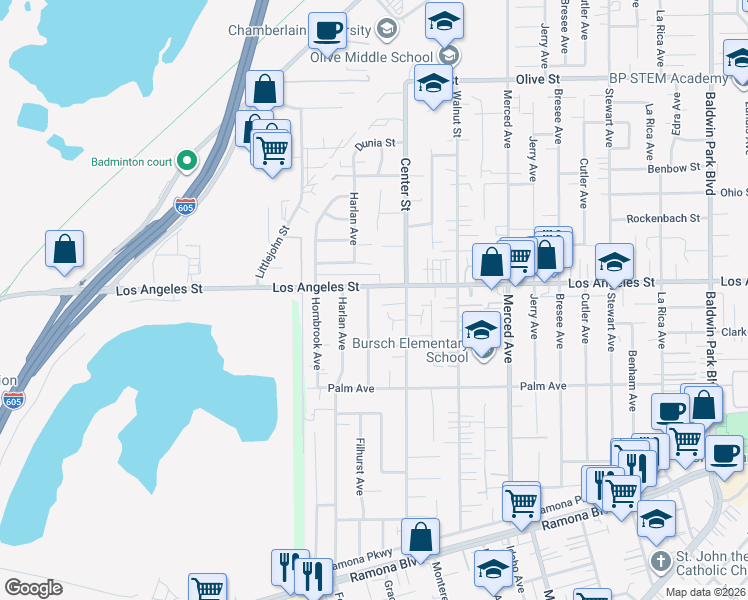map of restaurants, bars, coffee shops, grocery stores, and more near 13500 Los Angeles Street in Baldwin Park