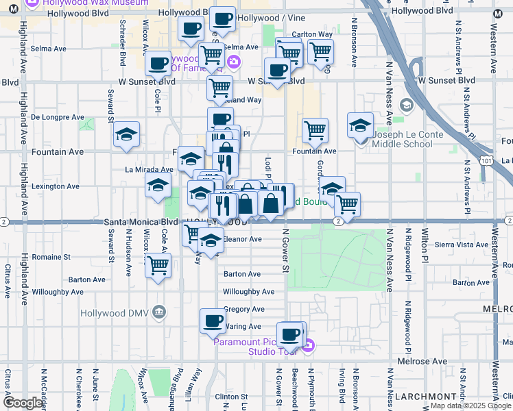 map of restaurants, bars, coffee shops, grocery stores, and more near 1120 North El Centro Avenue in Los Angeles