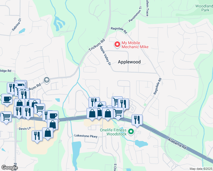 map of restaurants, bars, coffee shops, grocery stores, and more near 185 Village Trace in Woodstock
