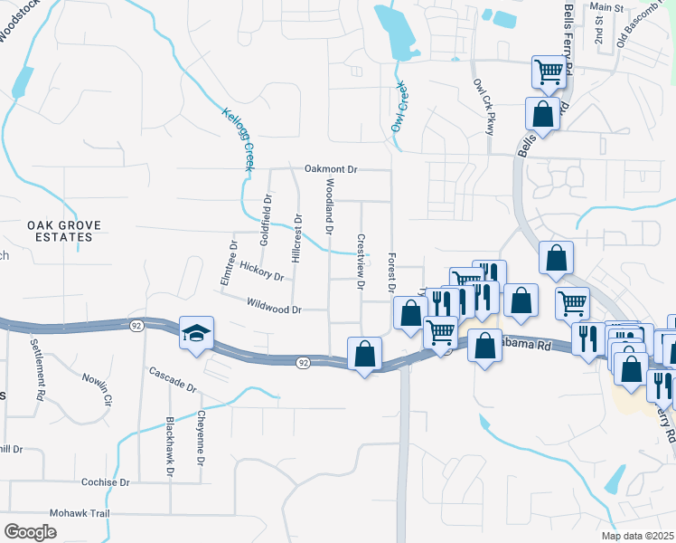 map of restaurants, bars, coffee shops, grocery stores, and more near 1374 Live Oak Lane in Acworth