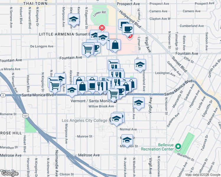 map of restaurants, bars, coffee shops, grocery stores, and more near in Los Angeles
