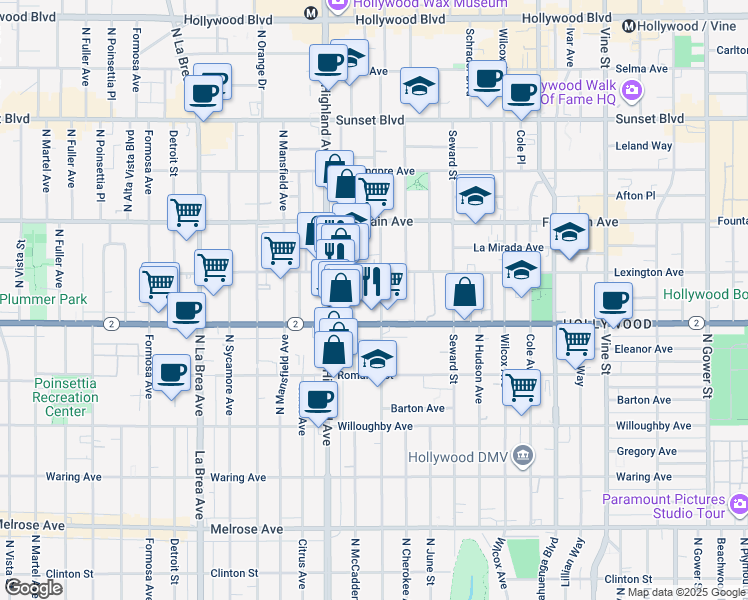 map of restaurants, bars, coffee shops, grocery stores, and more near 1127 North Las Palmas Avenue in Los Angeles
