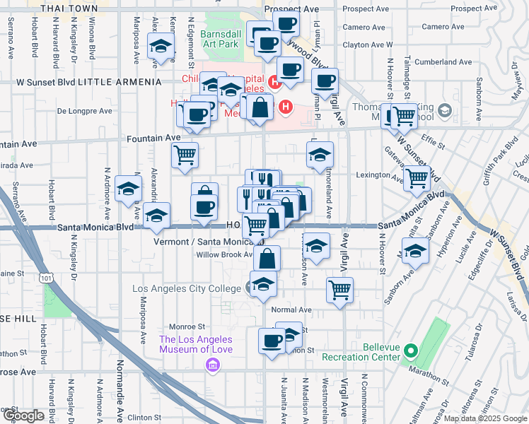 map of restaurants, bars, coffee shops, grocery stores, and more near 855 South Vermont Avenue in Los Angeles