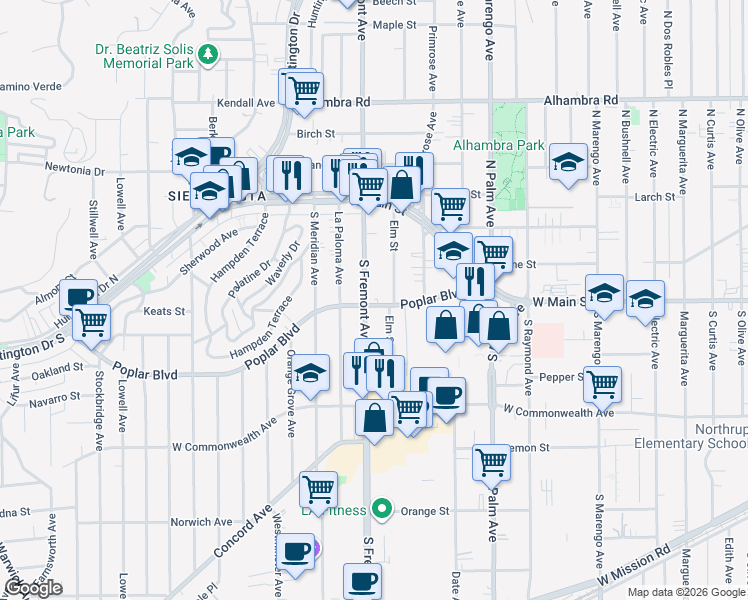 map of restaurants, bars, coffee shops, grocery stores, and more near 230 South Fremont Avenue in Alhambra
