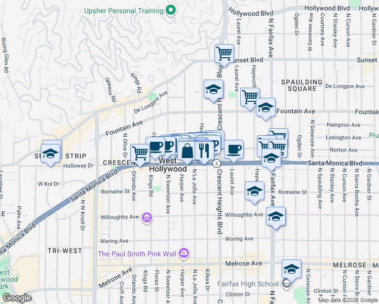 map of restaurants, bars, coffee shops, grocery stores, and more near 8213 Norton Avenue in West Hollywood