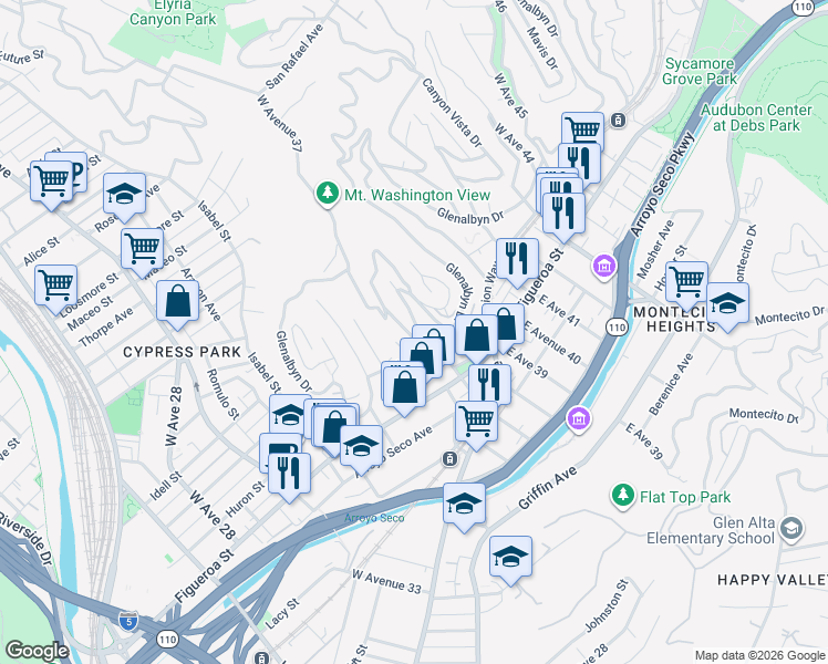 map of restaurants, bars, coffee shops, grocery stores, and more near 422 West Avenue 37 in Los Angeles