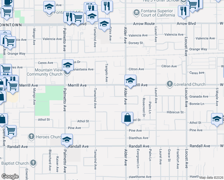 map of restaurants, bars, coffee shops, grocery stores, and more near 8912 Boxwood Avenue in Fontana
