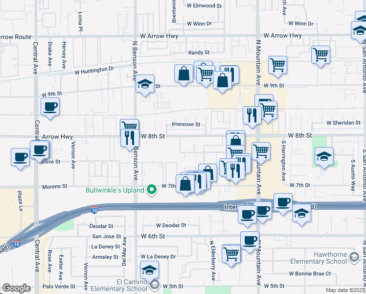 map of restaurants, bars, coffee shops, grocery stores, and more near 1454 West 8th Street in Upland
