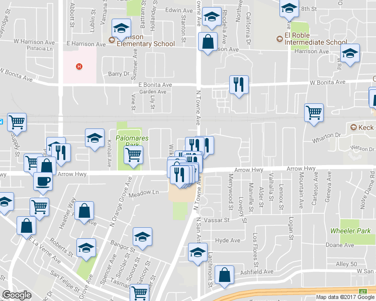 map of restaurants, bars, coffee shops, grocery stores, and more near 721 Ivory Lane in Pomona