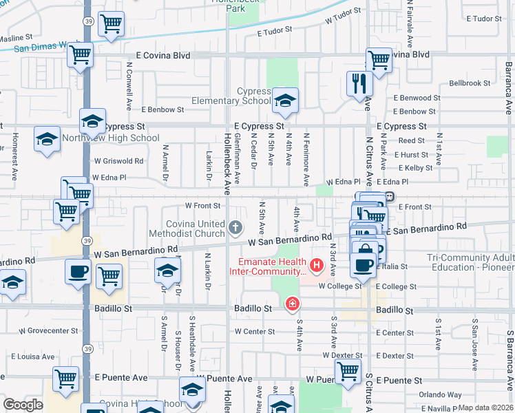 map of restaurants, bars, coffee shops, grocery stores, and more near 591 North 5th Avenue in Covina
