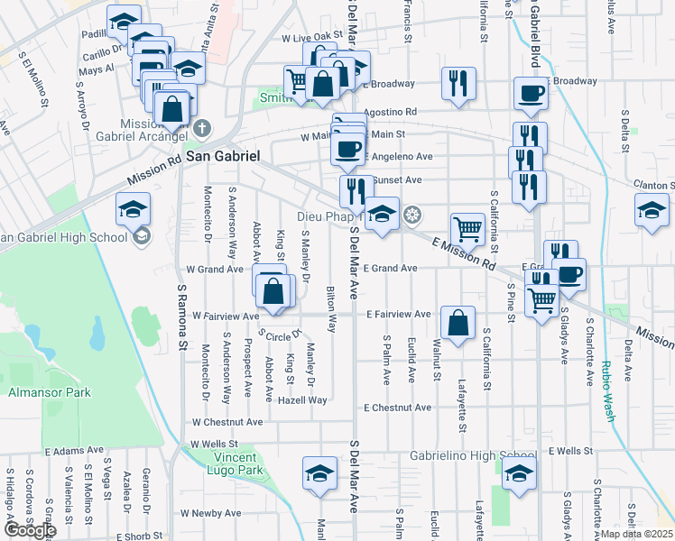 map of restaurants, bars, coffee shops, grocery stores, and more near 825 Bilton Way in San Gabriel