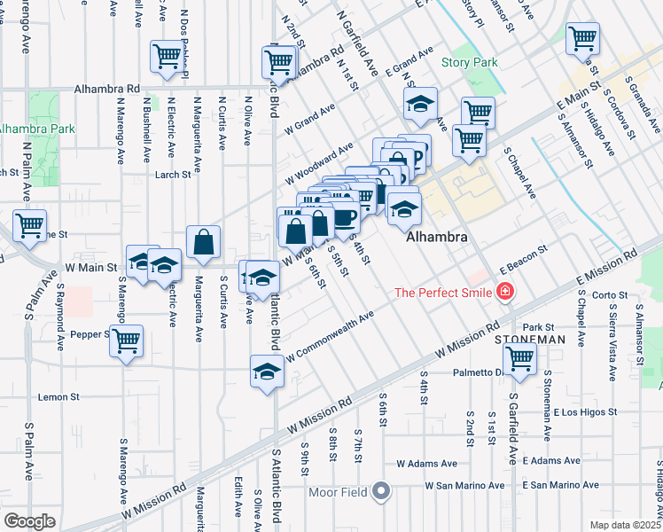 map of restaurants, bars, coffee shops, grocery stores, and more near 560 West Main Street in Alhambra