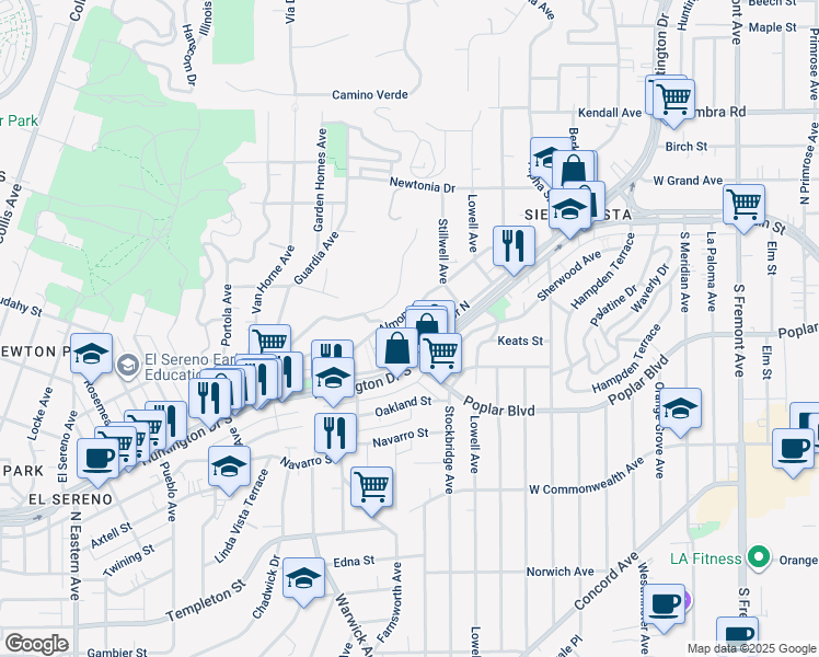 map of restaurants, bars, coffee shops, grocery stores, and more near 5321 Almont Street in Los Angeles