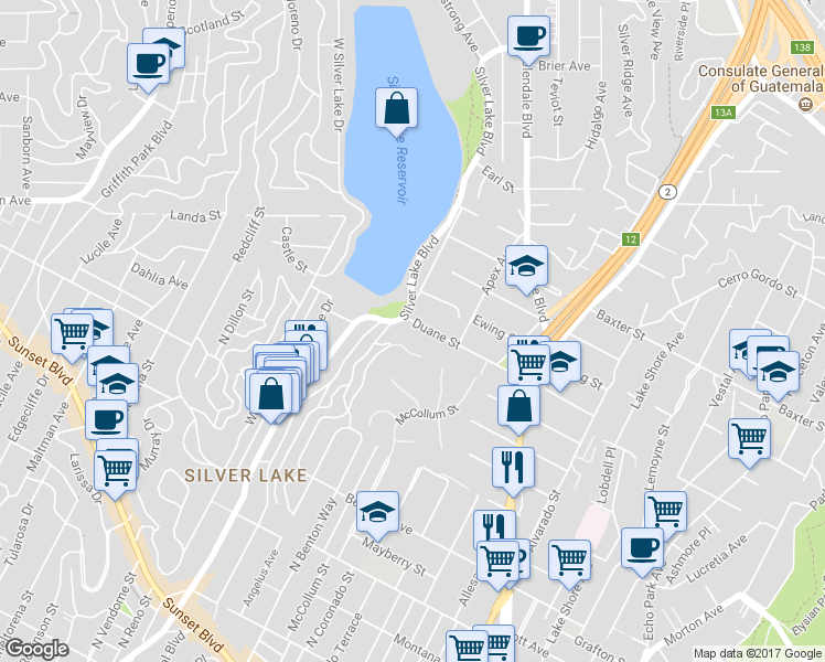 map of restaurants, bars, coffee shops, grocery stores, and more near 2345 Duane Street in Los Angeles