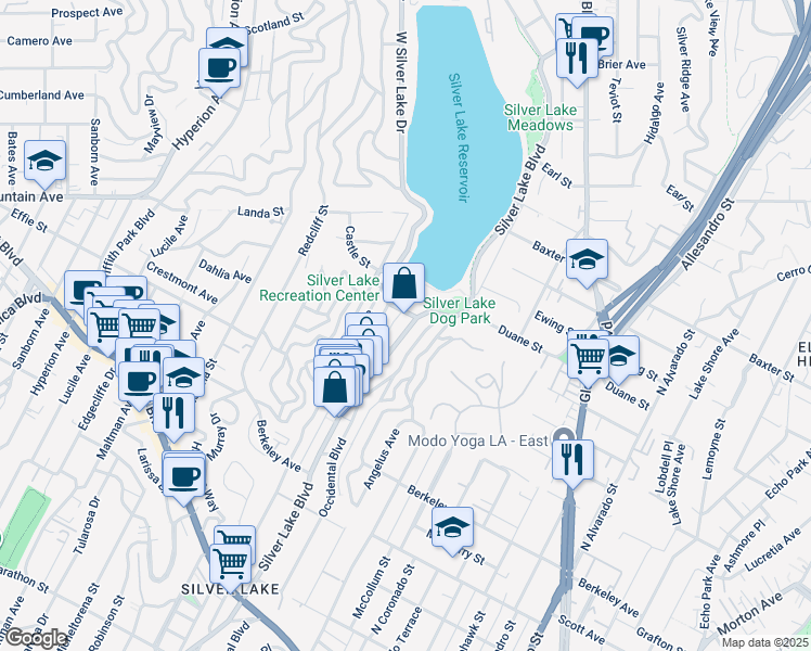 map of restaurants, bars, coffee shops, grocery stores, and more near 1850 West Silver Lake Drive in Los Angeles