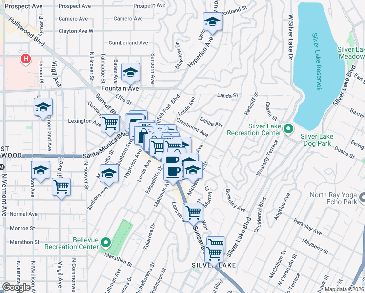 map of restaurants, bars, coffee shops, grocery stores, and more near 1644 Edgecliffe Drive in Los Angeles