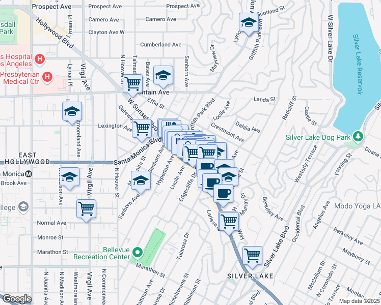map of restaurants, bars, coffee shops, grocery stores, and more near 1648 Lucile Avenue in Los Angeles