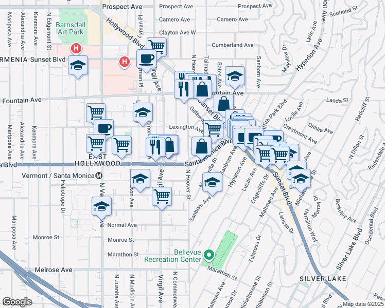 map of restaurants, bars, coffee shops, grocery stores, and more near 4225 Del Mar Avenue in Los Angeles