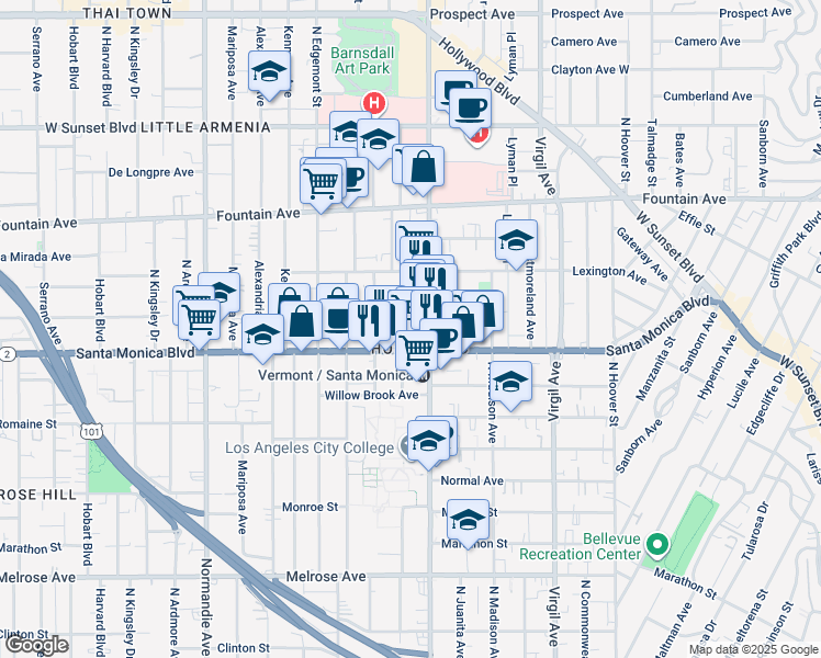 map of restaurants, bars, coffee shops, grocery stores, and more near in Los Angeles