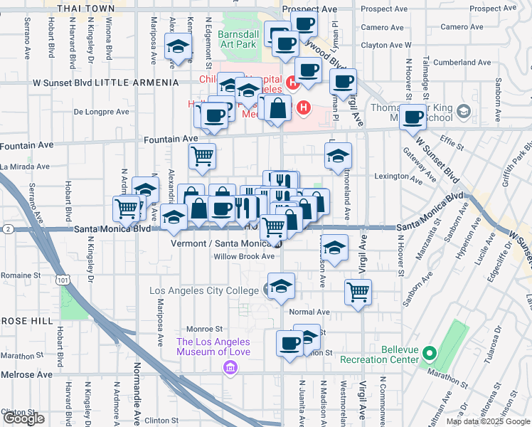 map of restaurants, bars, coffee shops, grocery stores, and more near in Los Angeles