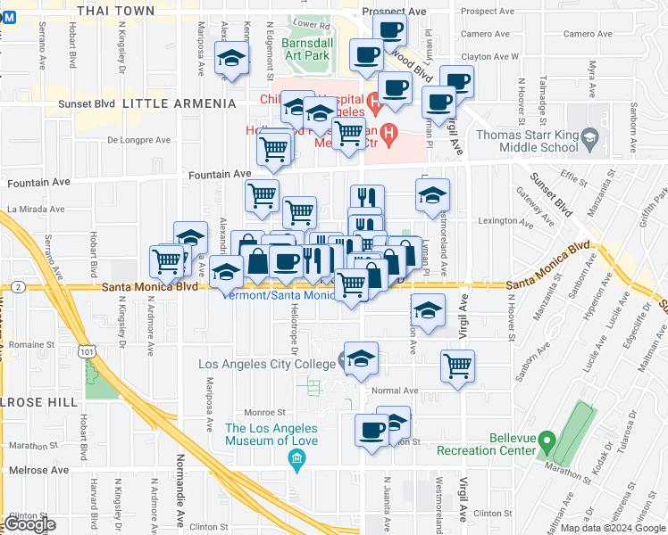 map of restaurants, bars, coffee shops, grocery stores, and more near in Los Angeles