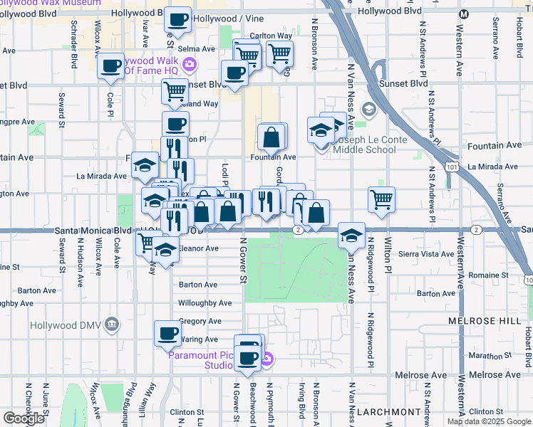map of restaurants, bars, coffee shops, grocery stores, and more near 1143 North Beachwood Drive in Los Angeles