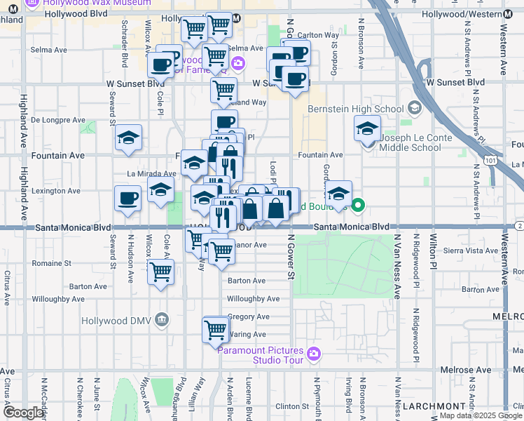 map of restaurants, bars, coffee shops, grocery stores, and more near 1138 North El Centro Avenue in Los Angeles