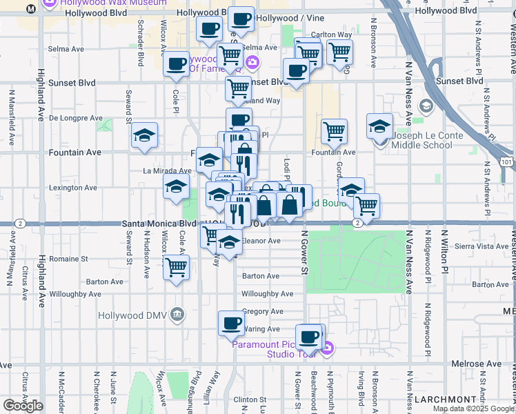 map of restaurants, bars, coffee shops, grocery stores, and more near 1138 North El Centro Avenue in Los Angeles