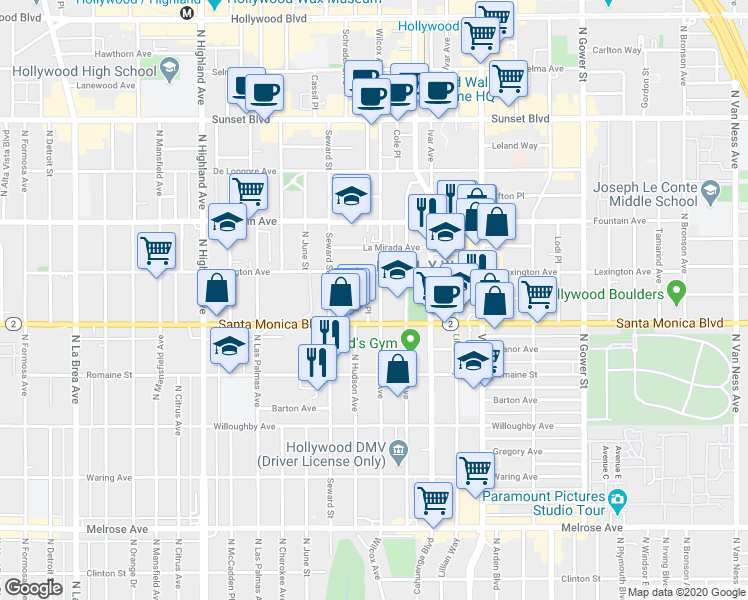 map of restaurants, bars, coffee shops, grocery stores, and more near 1143 Wilcox Place in Los Angeles