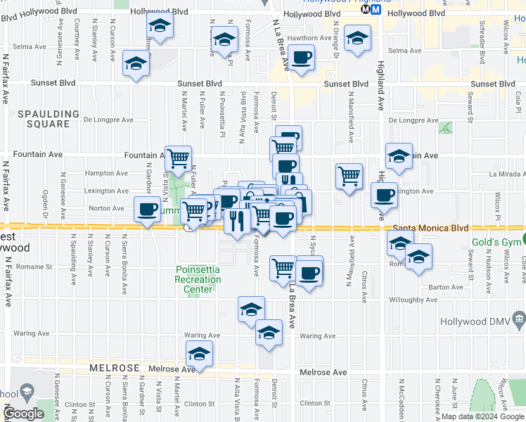 map of restaurants, bars, coffee shops, grocery stores, and more near 1139 North Detroit Street in West Hollywood