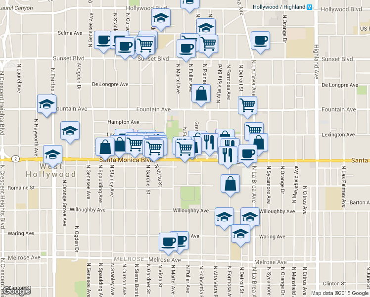 map of restaurants, bars, coffee shops, grocery stores, and more near 1142 North Fuller Avenue in West Hollywood