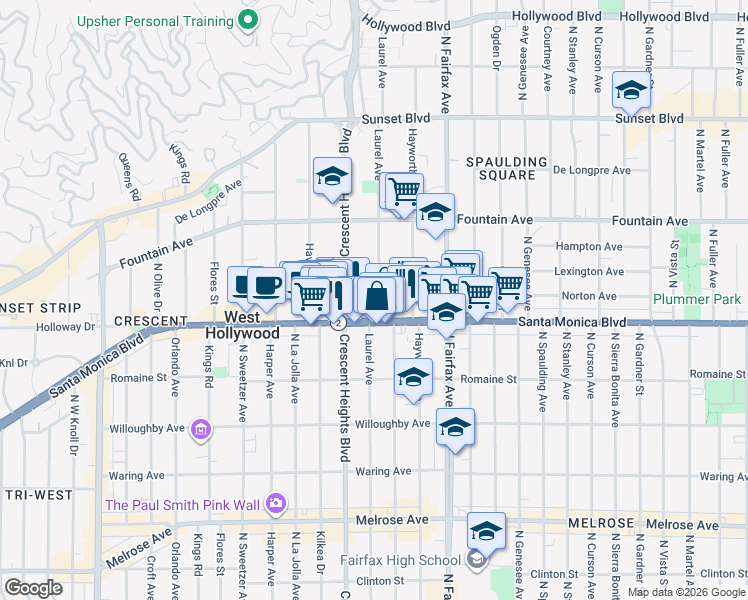 map of restaurants, bars, coffee shops, grocery stores, and more near 8011 Norton Avenue in West Hollywood