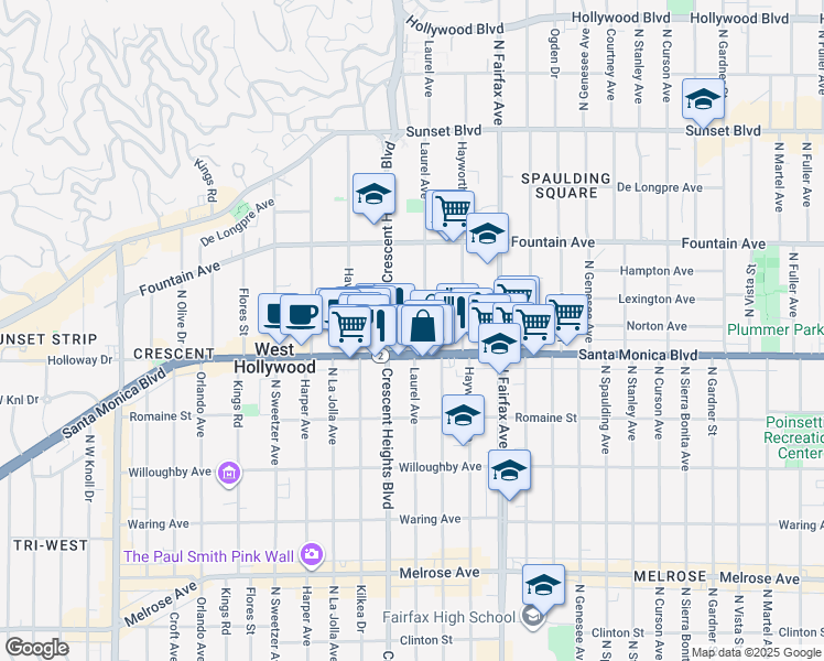 map of restaurants, bars, coffee shops, grocery stores, and more near 8011 Norton Avenue in West Hollywood