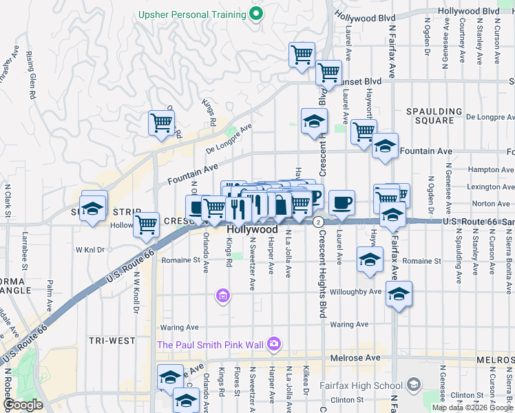 map of restaurants, bars, coffee shops, grocery stores, and more near 8261 Norton Avenue in West Hollywood