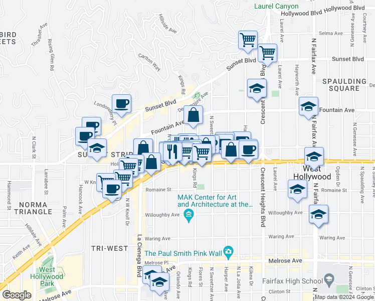 map of restaurants, bars, coffee shops, grocery stores, and more near 1210 North Kings Road in West Hollywood