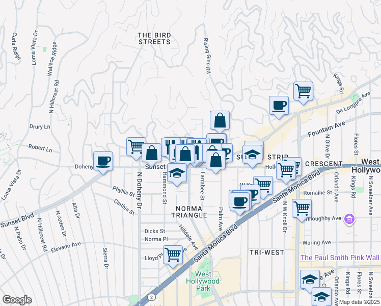 map of restaurants, bars, coffee shops, grocery stores, and more near 1147 North Clark Street in West Hollywood