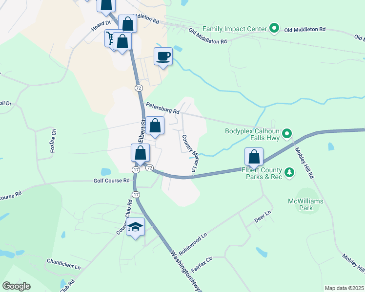 map of restaurants, bars, coffee shops, grocery stores, and more near 1055 Country Manor Lane in Elberton