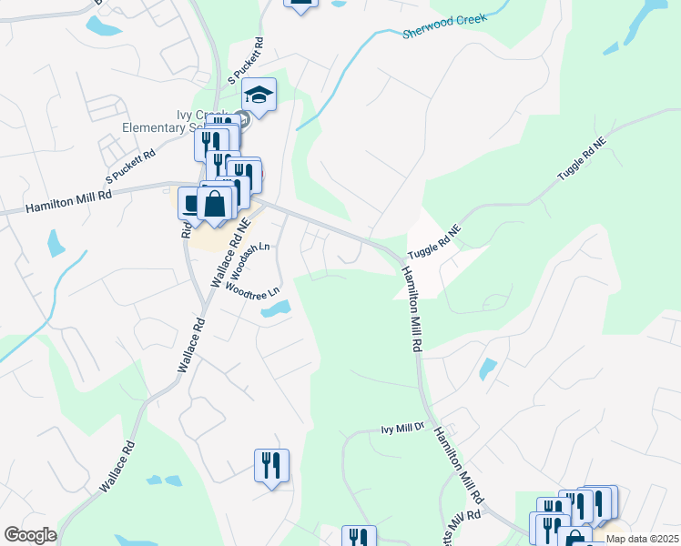 map of restaurants, bars, coffee shops, grocery stores, and more near 3037 Abelia Drive in Buford