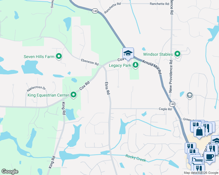 map of restaurants, bars, coffee shops, grocery stores, and more near 12740 Etris Road in Roswell