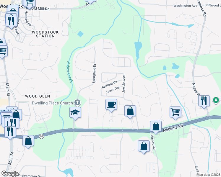map of restaurants, bars, coffee shops, grocery stores, and more near 718 Ivory Trail in Woodstock