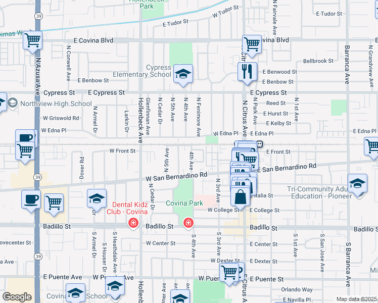 map of restaurants, bars, coffee shops, grocery stores, and more near 581 4th Avenue in Covina