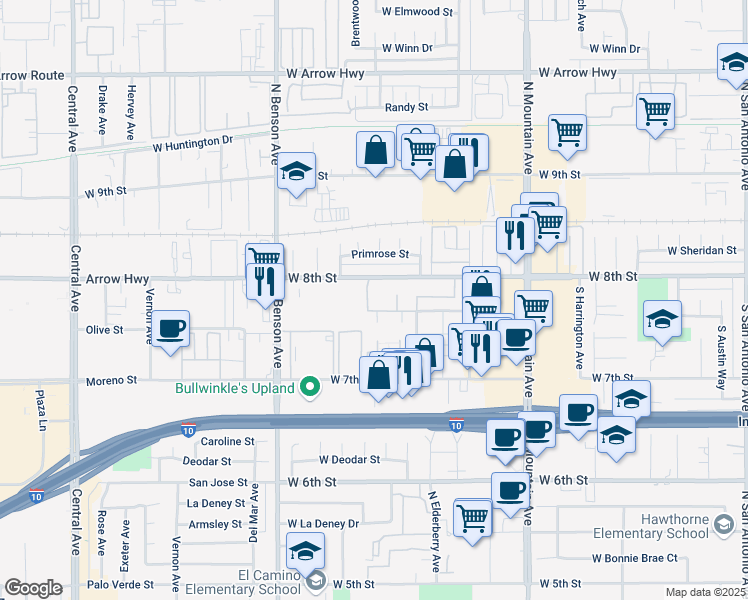 map of restaurants, bars, coffee shops, grocery stores, and more near 1454 West 8th Street in Upland